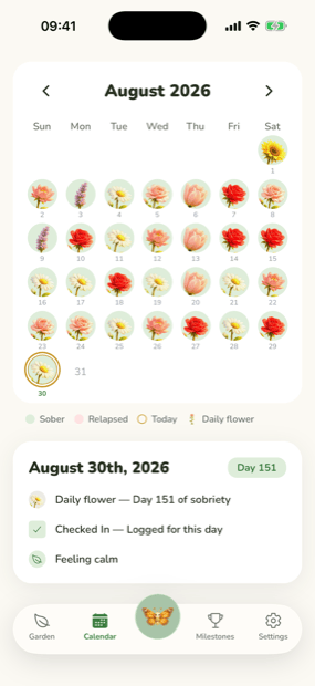 A month of the sobriety calendar, one flower per sober day