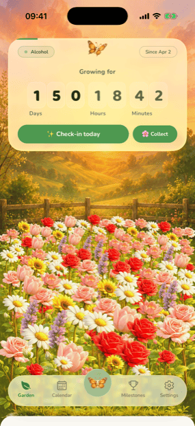 The Garden home screen: a sober day counter above a garden of flowers